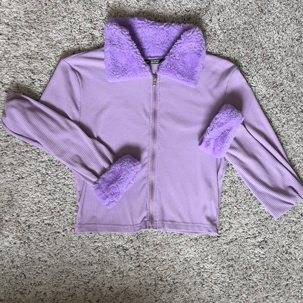 Shein Lavender Fleece-Collar Zip Front Jacket